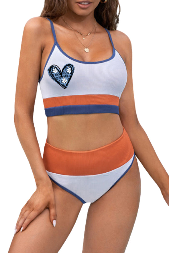 Spaghetti Straps Colorblock Ribbed High Waisted Swimsuit