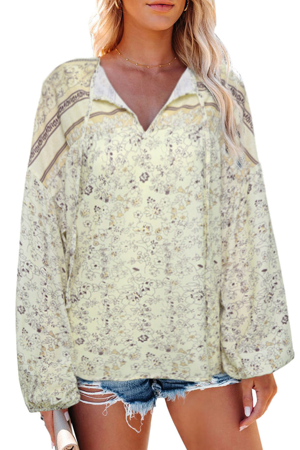 Floral Print Drawstring Loose Puff Sleeve Shirt