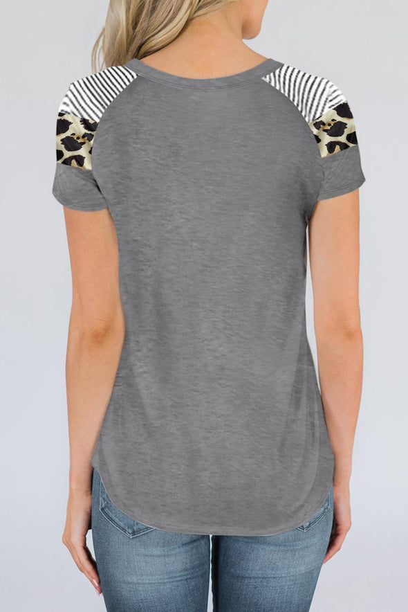 Letter Heart Print Leopard Striped Color Block Short Sleeve T-shirt