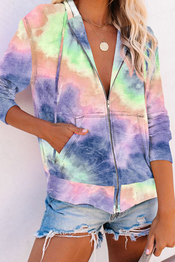 Multicolor Tie-dye Pocket Zip Up Hoodie