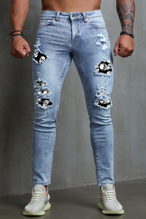 Men's Skull Print Patchwork Distressed Skinny High Waist Jeans