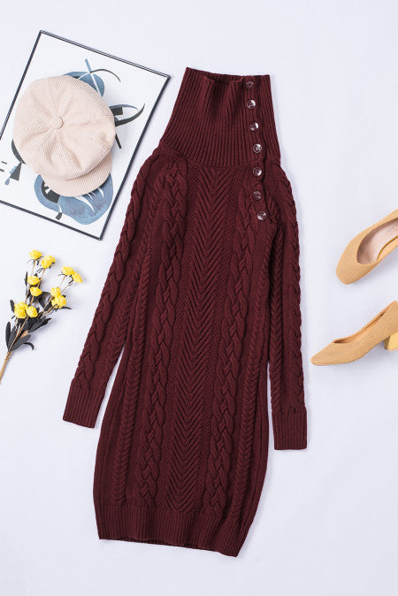 Asymmetric Buttoned Collar Black Bodycon Sweater Dress