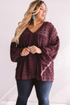 Wine Red V Neck Lantern Sleeve Swiss Dot Plus Size Blouse