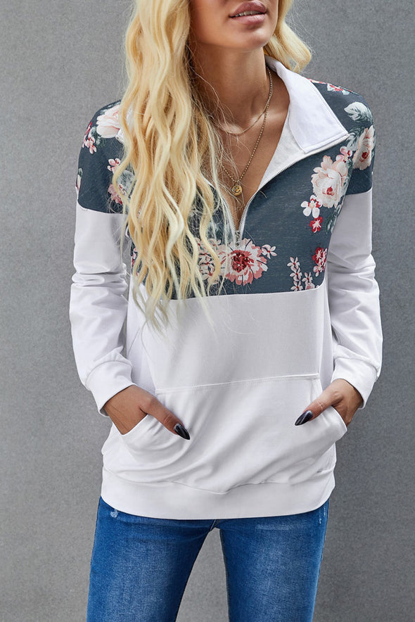 Floral Splice Pink Kangaroo Pocket Zip Collar Sweatshirt