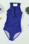 High Neck Plunge Mesh Ruched Tankini Swimwear