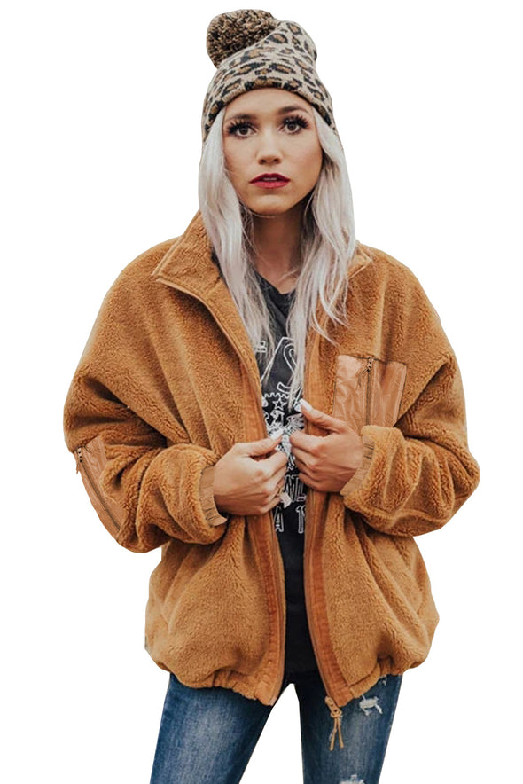 Zip Up Sherpa Coat with Pocket