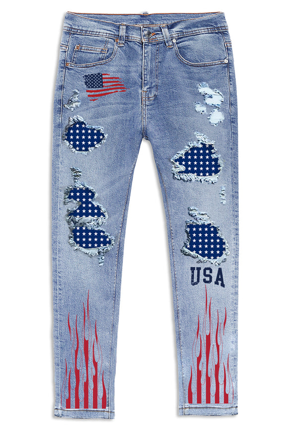 Men's Skull Print Patchwork Distressed Skinny High Waist Jeans