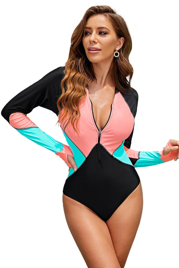 Color Block Zipper Long Sleeve Rash Guard Swimwear