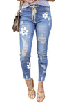 Drawstring Elastic Waist Hole Ripped Jeans