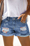 Plaid Patchwork Rolled Hem Denim Shorts