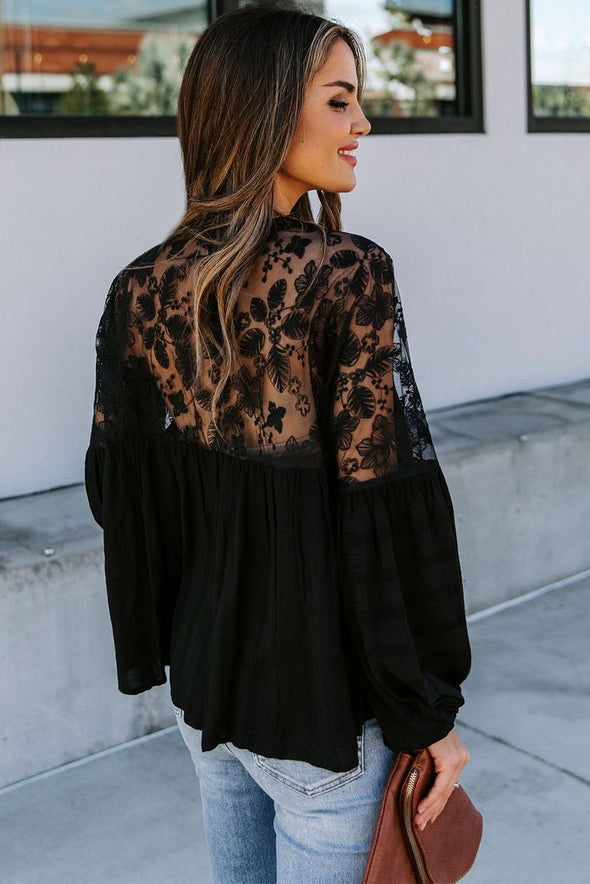 V Neckline Lace Shoulder Patchwork Blouse