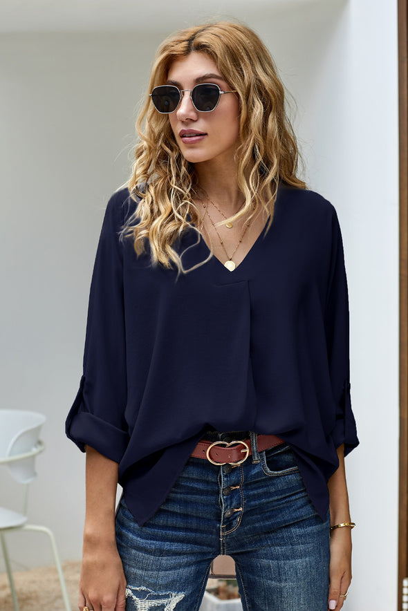 V Neck 3/4 Sleeve High Low Hem Shirt