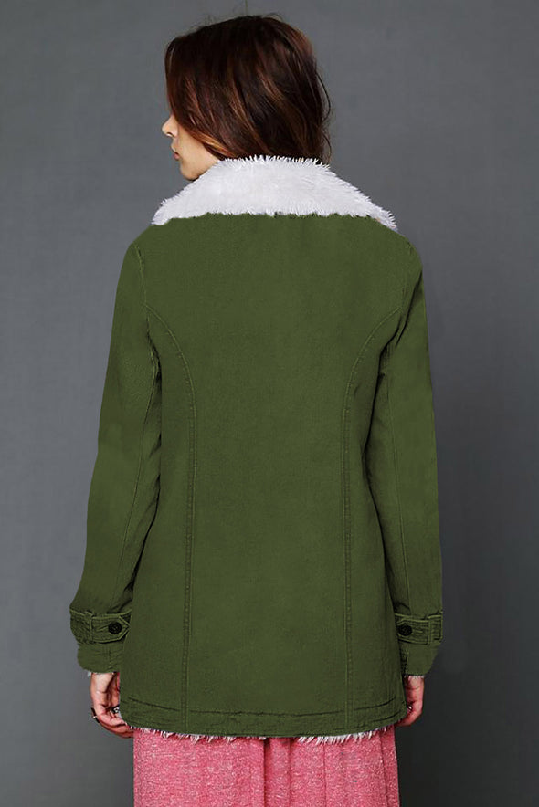 Khaki Lapel Collar Button Fleece Jacket