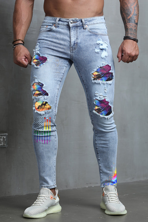 Men's Skull Print Patchwork Distressed Skinny High Waist Jeans