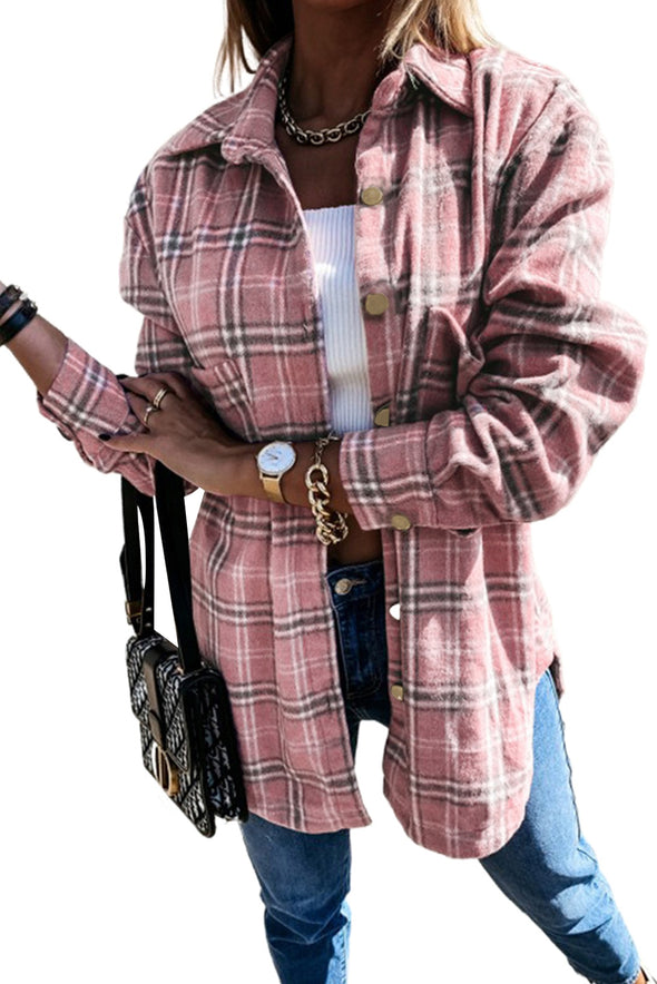 Plaid Pattern Buttoned Shirt Coat with Slits