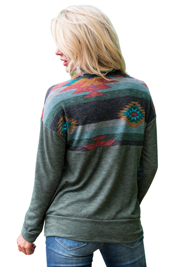 Aztec Print Atop Black Pullover Sweatshirt