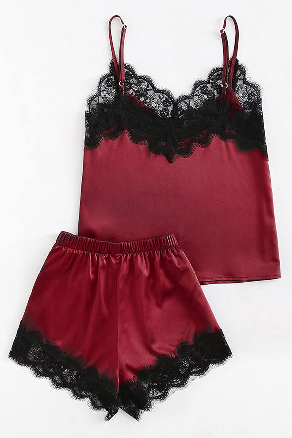 Lace Satin Sleepwear Cami Top and Shorts Pajama Set