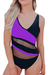 Colorblock Mesh Backless One-piece Swimwear