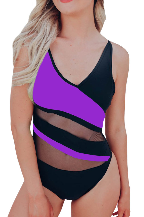 Colorblock Mesh Backless One-piece Swimwear
