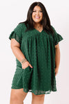 Plus Size V Neck Ruffle Swiss Dot Mini Dress with Pocket