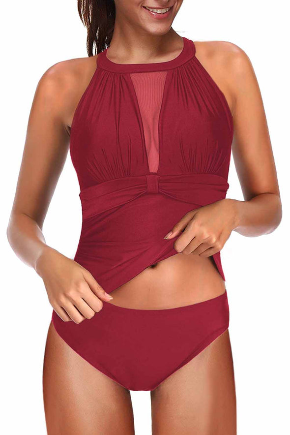 High Neck Plunge Mesh Ruched Tankini Swimwear