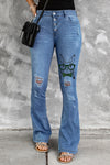 Dark Blue Mid Rise Button Front Flare Denim