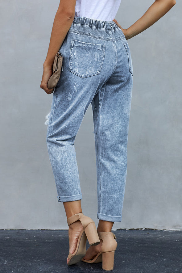 Gather Round Distressed Pocketed Denim Jogger