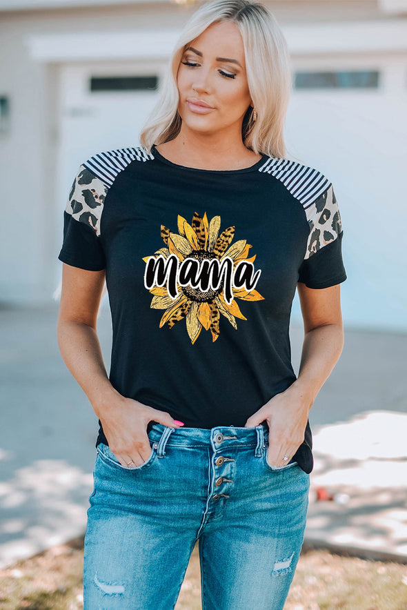 Letter Heart Print Leopard Striped Color Block Short Sleeve T-shirt