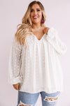 Wine Red V Neck Lantern Sleeve Swiss Dot Plus Size Blouse