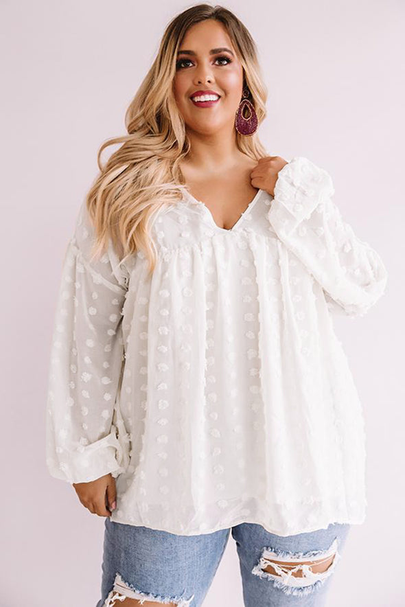 Wine Red V Neck Lantern Sleeve Swiss Dot Plus Size Blouse