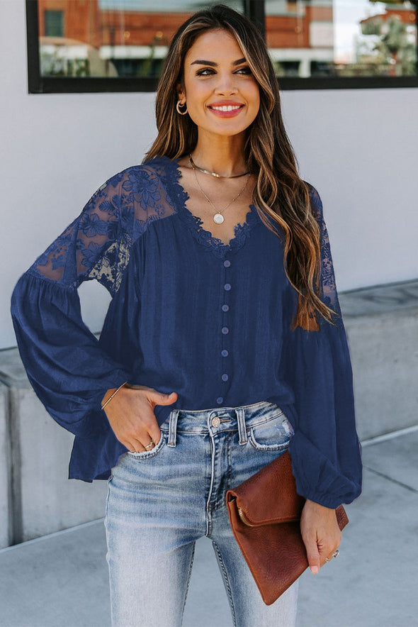 V Neckline Lace Shoulder Patchwork Blouse