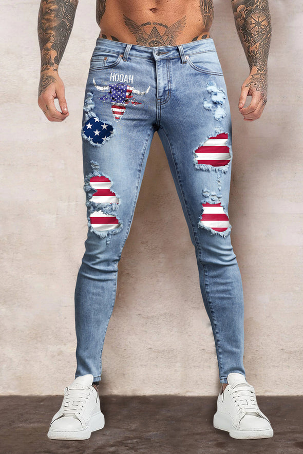Men's Skull Print Patchwork Distressed Skinny High Waist Jeans