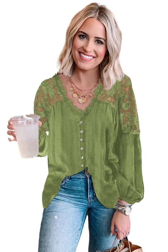 V Neckline Lace Shoulder Patchwork Blouse