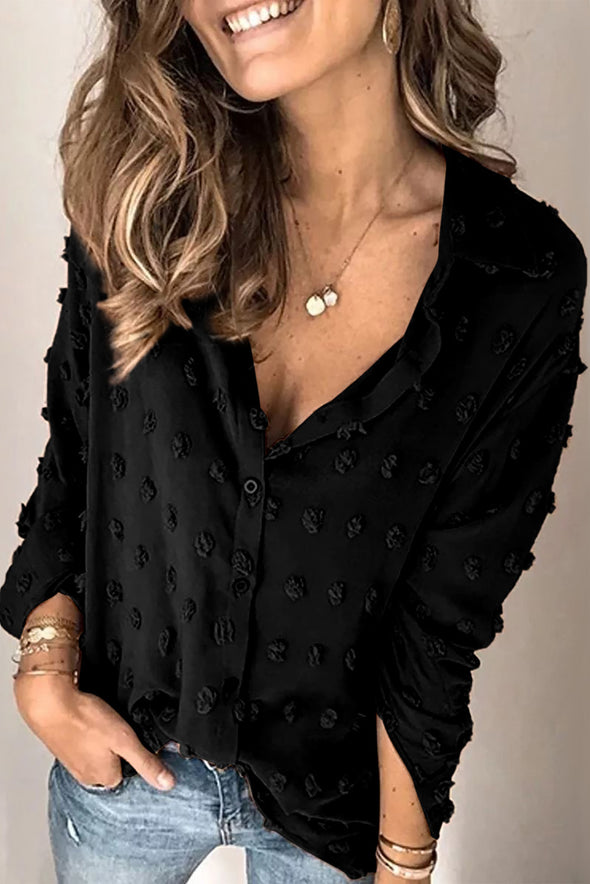 Long Sleeve Button Fuzzy Polka Dot Shirt