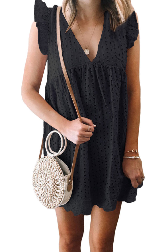 V Neck Ruffled Sleeves Perforating Babydoll Dress