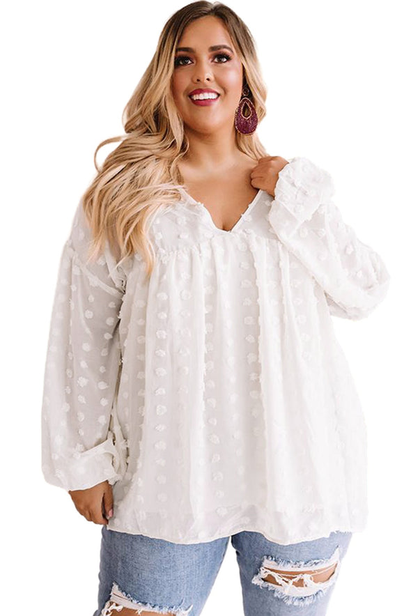 Wine Red V Neck Lantern Sleeve Swiss Dot Plus Size Blouse