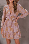 Deep V Neck Lantern Sleeve Knotted Tiered Mini Dress
