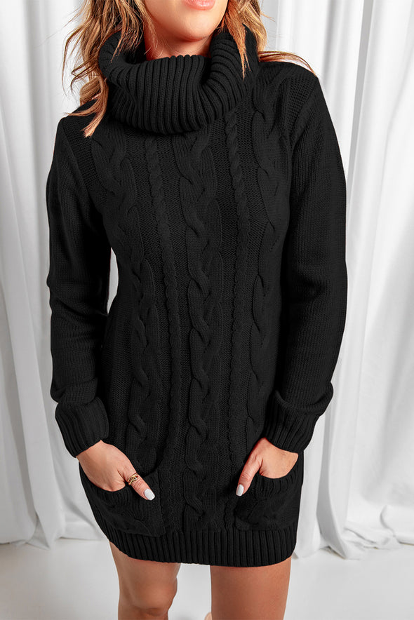 Colorblock Cowl Neck Cable Knit Sweater Dress