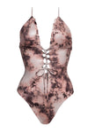 Tie Dye Lace Up Front Plunging V One Piece Swimsuit