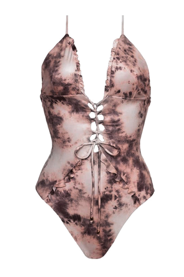 Tie Dye Lace Up Front Plunging V One Piece Swimsuit