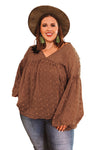 Wine Red V Neck Lantern Sleeve Swiss Dot Plus Size Blouse