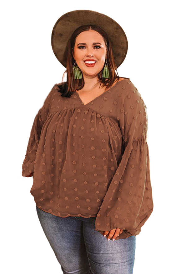 Wine Red V Neck Lantern Sleeve Swiss Dot Plus Size Blouse