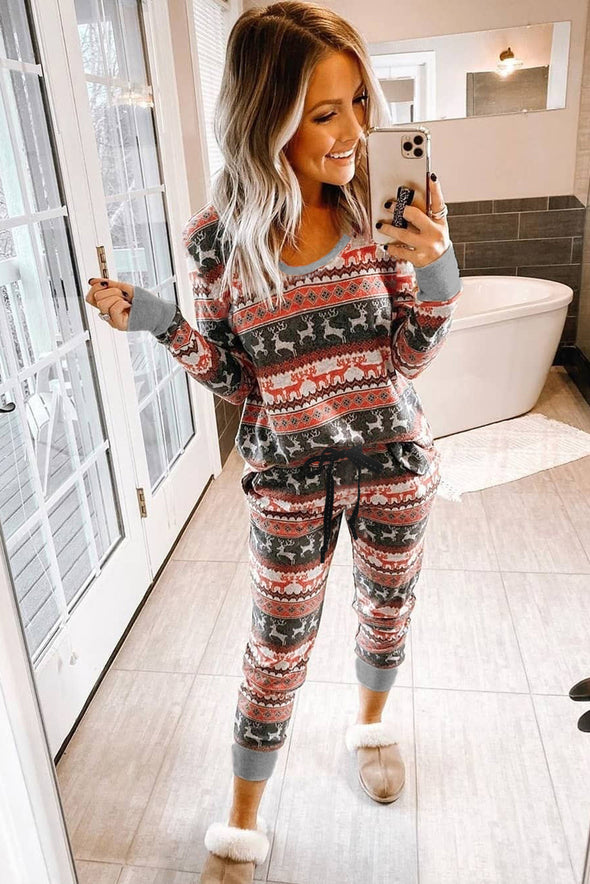 Reindeer Run Print Long Sleeve Top & Drawstring Pants Loungewear Set