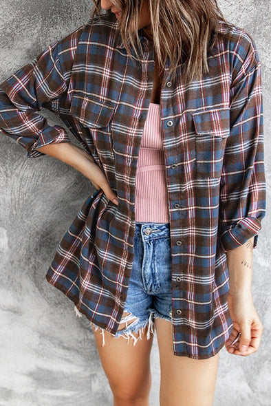 Pocket Buttons Long Sleeve Plaid Shirt