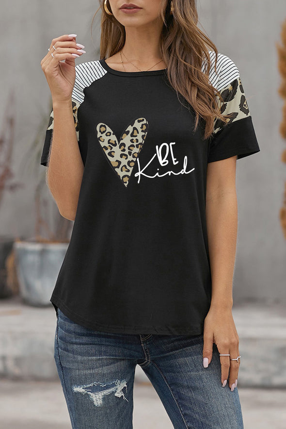 Letter Heart Print Leopard Striped Color Block Short Sleeve T-shirt