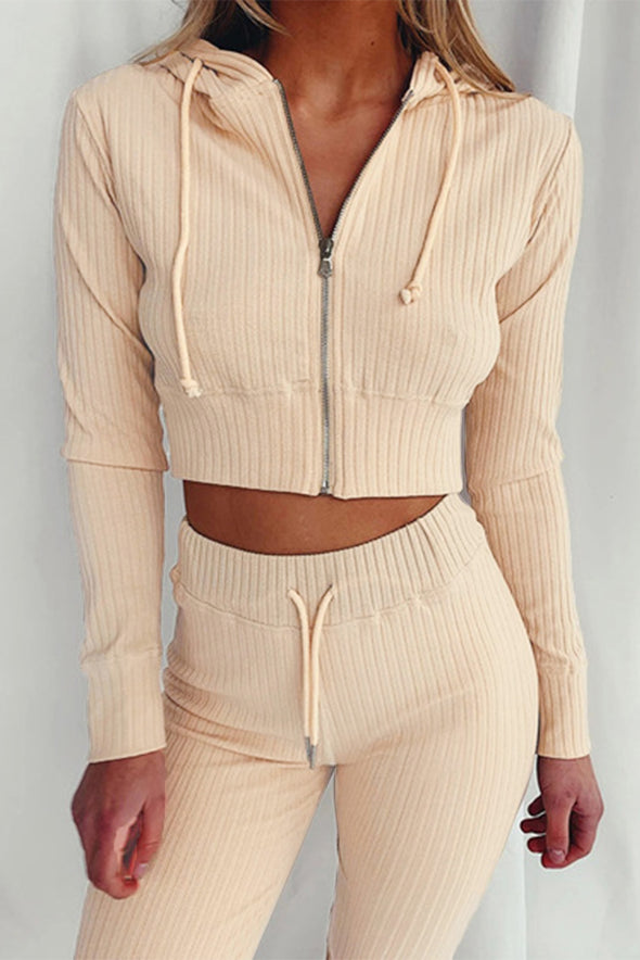 Ribbed Knit Cropped Hoodie and Jogger Two Piece Set