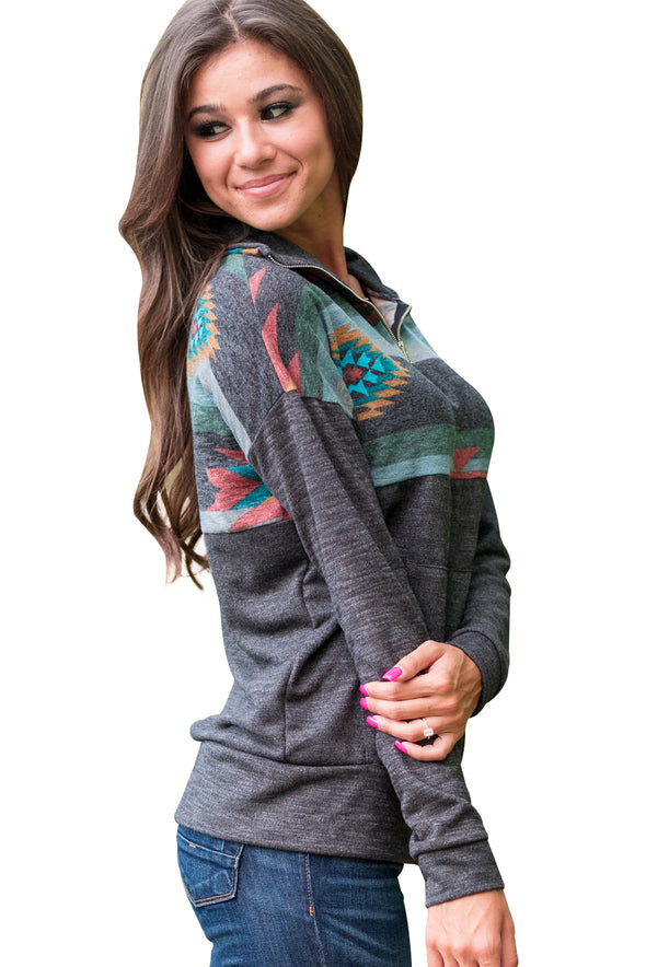 Aztec Print Atop Black Pullover Sweatshirt