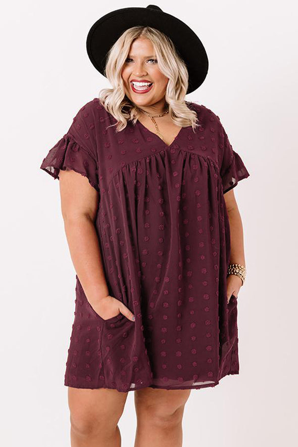 Plus Size V Neck Ruffle Swiss Dot Mini Dress with Pocket
