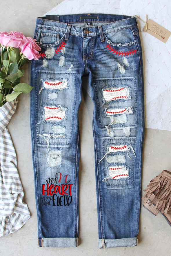 Valentine Heart Patchwork Distressed Straight Leg Jeans