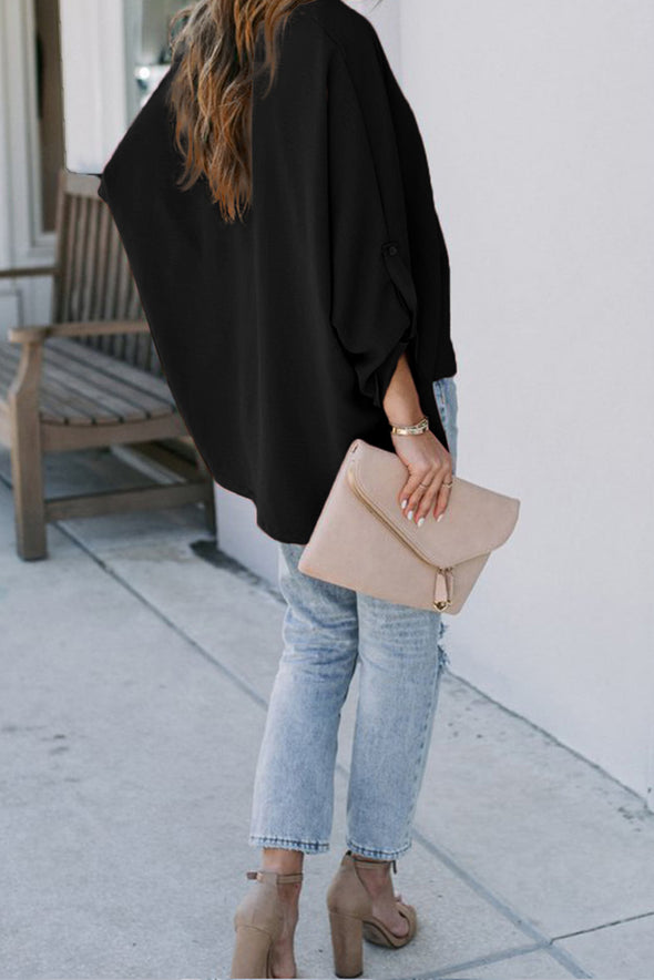 V Neck 3/4 Sleeve High Low Hem Shirt
